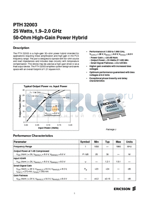 PTH32003 datasheet - 25 Watts, 1.9-2.0 GHz 50-Ohm High-Gain Power Hybrid