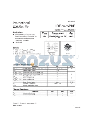 IRF7475PBF datasheet - HEXFET Power MOSFET