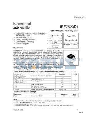 IRF7523D1 datasheet - FETKY MOSFET / Schottky Diode(Vdss=30V, Rds(on)=0.11ohm, Schottky Vf=0.39V)