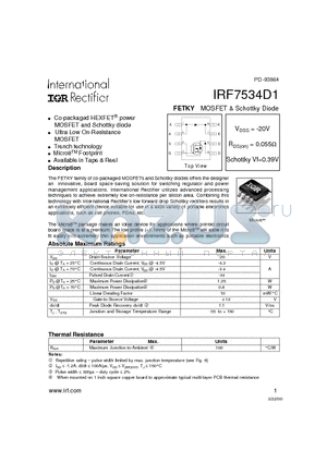 IRF7534D1 datasheet - FETKY MOSFET & Schottky Diode(Vdss=-20V, Rds(on)=0.055ohm, Schottky Vf=0.39V)