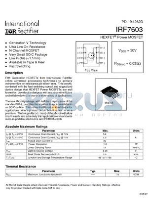 IRF7603 datasheet - Power MOSFET(Vdss=30V, Rds(on)=0.035ohm)