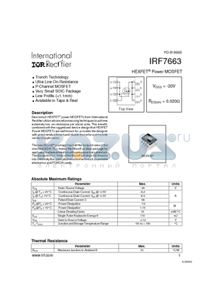 IRF7663 datasheet - Power MOSFET(Vdss=-20V, Rds(on)=0.020ohm)