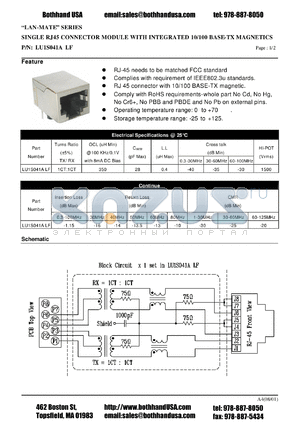LU1S041ALF datasheet - SINGLE RJ45 CONNECTOR MODULE WITH INTEGRATED 10/100 BASE-TX MAGNETICS
