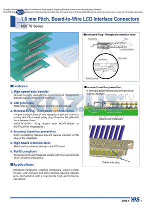 MDF76KBW-30P-1H datasheet - 1.0 mm Pitch, Board-to-Wire LCD Interface Connectors