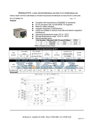 LU1S041C-43 datasheet - SINGLE RJ45 CONNECTOR MODULE WITH INTEGRATED 10/100 BASE-TX MAGNETICS AND LEDS