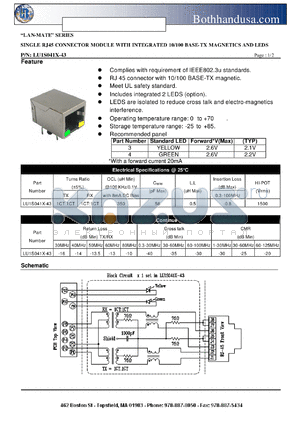 LU1S041X-43 datasheet - SINGLE RJ45 CONNECTOR MODULE WITH INTEGRATED 10/100 BASE-TX MAGNETICS AND LEDS