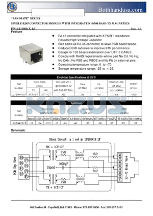 LU1S041XLF datasheet - SINGLE RJ45 CONNECTOR MODULE WITH INTEGRATED 10/100 BASE-TX MAGNETICS