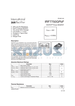 IRF7750GPBF datasheet - HEXFET^ Power MOSFET Ultra Low On-Resistance Dual P-Channel MOSFET