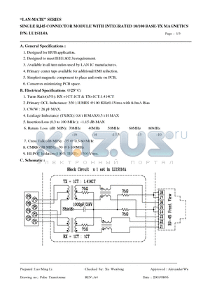 LU1S114A datasheet - SINGLE RJ45 CONNECTOR MODULE WITH INTEGRATED 10/100 BASE-TX MAGNETICS