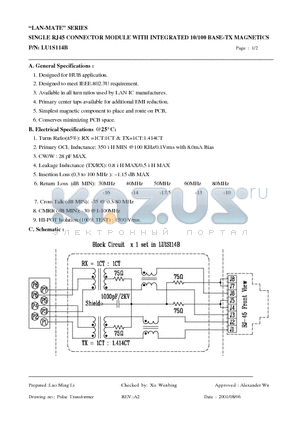 LU1S114B datasheet - SINGLE RJ45 CONNECTOR MODULE WITH INTEGRATED 10/100 BASE-TX MAGNETICS