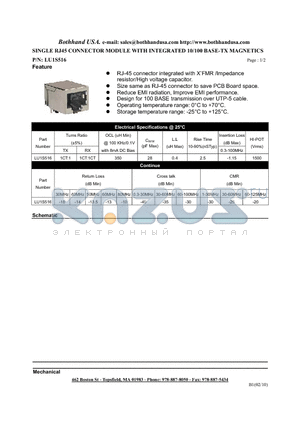 LU1S516 datasheet - SINGLE RJ45 CONNECTOR MODULE WITH INTEGRATED 10/100 BASE-TX MAGNETICS