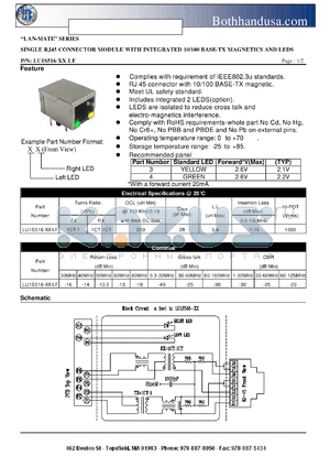 LU1S516-XXLF datasheet - SINGLE RJ45 CONNECTOR MODULE WITH INTEGRATED 10/100 BASE-TX MAGNETICS AND LEDS