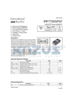 IRF7755GPBF datasheet - HEXFET^ Power MOSFET Ultra Low On-Resistance