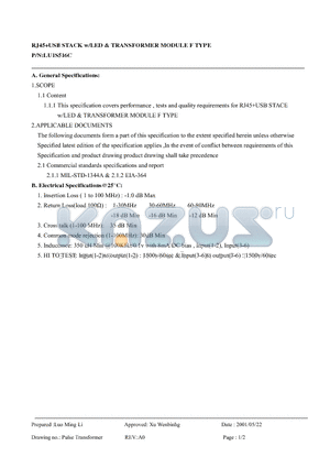 LU1S516C datasheet - RJ45USB STACK w/LED & TRANSFORMER MODULE F TYPE