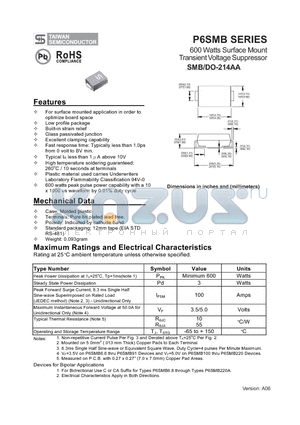 P6SMB10 datasheet - 600 Watts Surface Mount Transient Voltage Suppressor