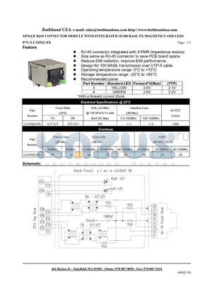 LU1S522-XX datasheet - SINGLE RJ45 CONNECTOR MODULE WITH INTEGRATED 10/100 BASE-TX MAGNETICS AND LEDS