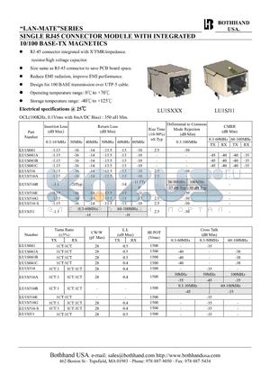 LU1SJ11 datasheet - SINGLE RJ45 CONNECTOR MODULE WITH INTEGRATED 10/100 BASE-TX MAGNETICS