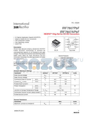 IRF7807APBF datasheet - HEXFET^ Chip-Set for DC-DC Converters