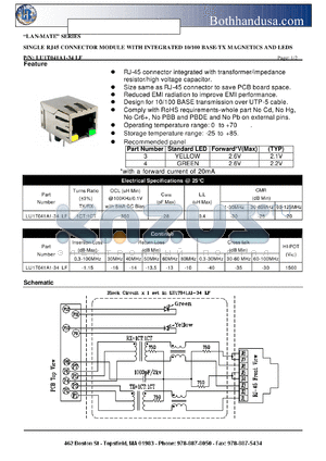 LU1T041A1-34LF datasheet - SINGLE RJ45 CONNECTOR MODULE WITH INTEGRATED 10/100 BASE-TX MAGNETICS AND LEDS