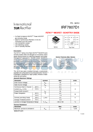 IRF7807D1 datasheet - MOSFET / SCHOTTKY DIODE