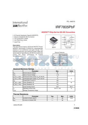 IRF7805PBF datasheet - HEXFET^ Chip-Set for DC-DC Converters