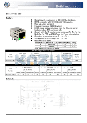 LU1T041C-43LF datasheet - SINGLE RJ45 CONNECTOR WITH 10/100 BASE-TX MAGNETICS AND LEDS