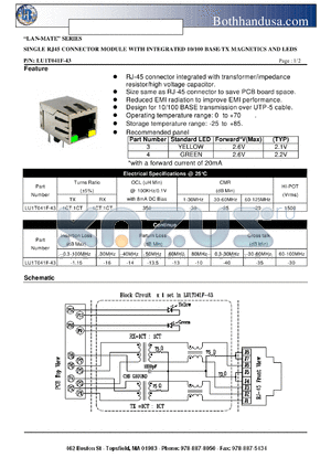 LU1T041F-43 datasheet - SINGLE RJ45 CONNECTOR MODULE WITH INTEGRATED 10/100 BASE-TX MAGNETICS AND LEDS