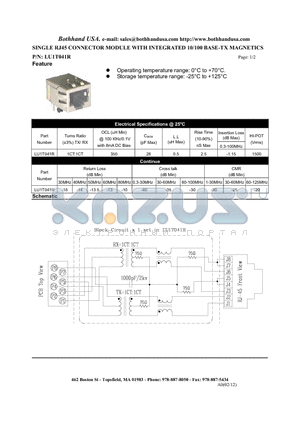 LU1T041R datasheet - SINGLE RJ45 CONNECTOR MODULE WITH INTEGRATED 10/100 BASE-TX MAGNETICS