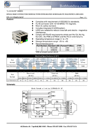 LU1T041X-34LF datasheet - SINGLE RJ45 CONNECTOR MODULE WITH INTEGRATED 10/100 BASE-TX MAGNETICS AND LEDS