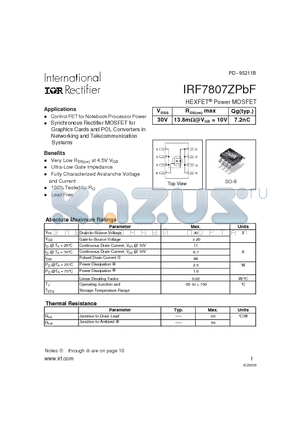 IRF7807ZPBF datasheet - HEXFET Power MOSFET