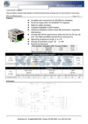 LU1T041X-43LF datasheet - SINGLE RJ45 CONNECTOR MODULE WITH INTEGRATED 10/100 BASE-TX MAGNETICS AND LEDS