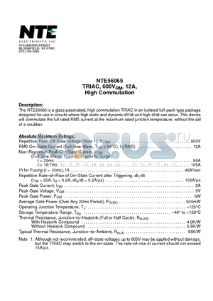 NTE56065 datasheet - TRIAC, 600VRM, 12A, High Commutation