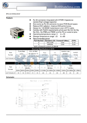 LU1T516-43LF datasheet - SINGLE RJ45 CONNECTOR WITH 10/100 BASE-TX MAGNETICS AND LEDS