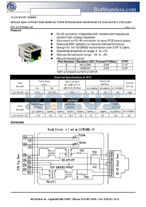 LU1T516E1-43 datasheet - SINGLE RJ45 CONNECTOR MODULE WITH INTEGRATED 10/100 BASE-TX MAGNETICS AND LEDS