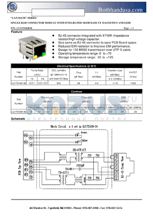 LU1T516H-34 datasheet - SINGLE RJ45 CONNECTOR MODULE WITH INTEGRATED 10/100 BASE-TX MAGNETICS AND LEDS