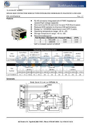 LU1T516M-34 datasheet - SINGLE RJ45 CONNECTOR MODULE WITH INTEGRATED 10/100 BASE-TX MAGNETICS AND LEDS