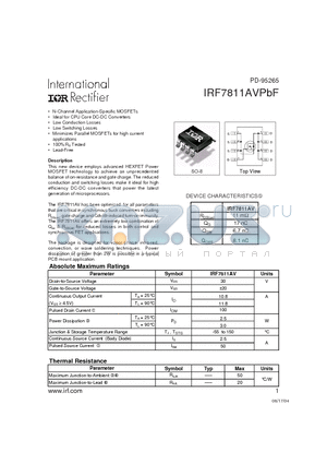 IRF7811AVPBF datasheet - N-Channel Application-Specific MOSFETs