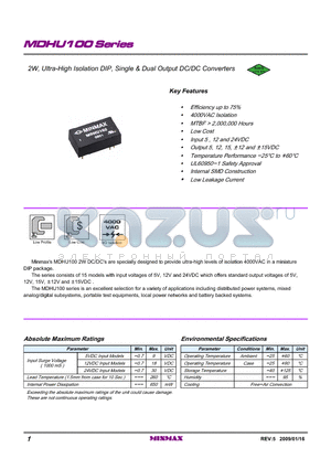 MDHU100 datasheet - 2W, Ultra-High Isolation DIP, Single & Dual Output DC/DC Converters
