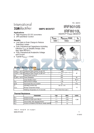 IRF8010L datasheet - SMPS MOSFET