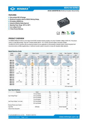 MDHU112 datasheet - DC/DC CONVERTER 2W, Reinforced Inslation, Medical Safety