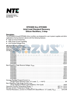 NTE5809 datasheet - Axial Lead Standard Recovery Silicon Rectifiers, 3 Amp