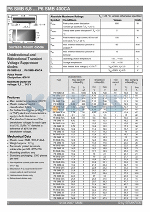 P6SMB11 datasheet - Unidirectional and Bidirectional Transient Voltage Suppressor diodes