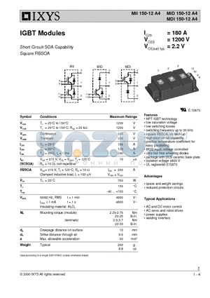 MDI150-12A4 datasheet - IGBT Modules  Short Circuit SOA Capability Square RBSOA