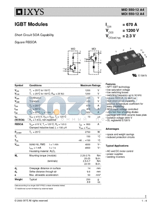 MDI550-12A4 datasheet - IGBT Modules Short Circuit SOA Capability Square RBSOA
