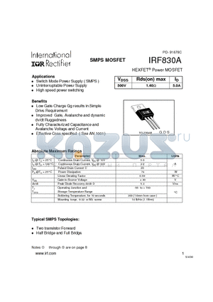 IRF830A datasheet - SMPS MOSFET
