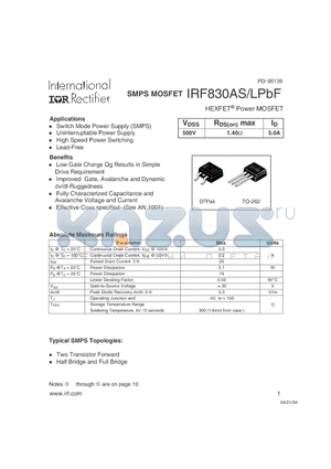 IRF830ALPBF datasheet - HEXFET^ Power MOSFET