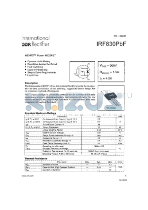 IRF830PBF datasheet - HEXFET Power MOSFET