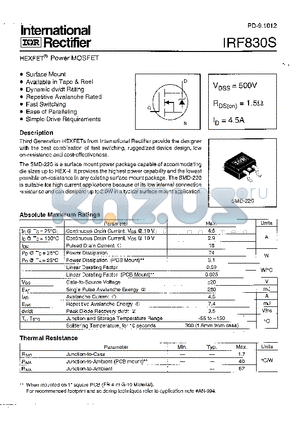 IRF830S datasheet - Power MOSFET(Vdss=500V, Rds(on)=1.5ohm, Id=4.5A)