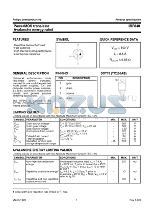 IRF840 datasheet - PowerMOS transistor Avalanche energy rated