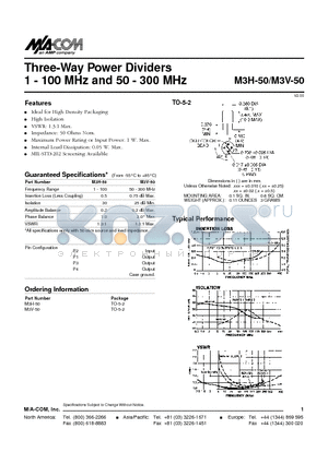 M3V-50 datasheet - Three-Way Power Dividers 1 - 100 MHz and 50 - 300 MHz